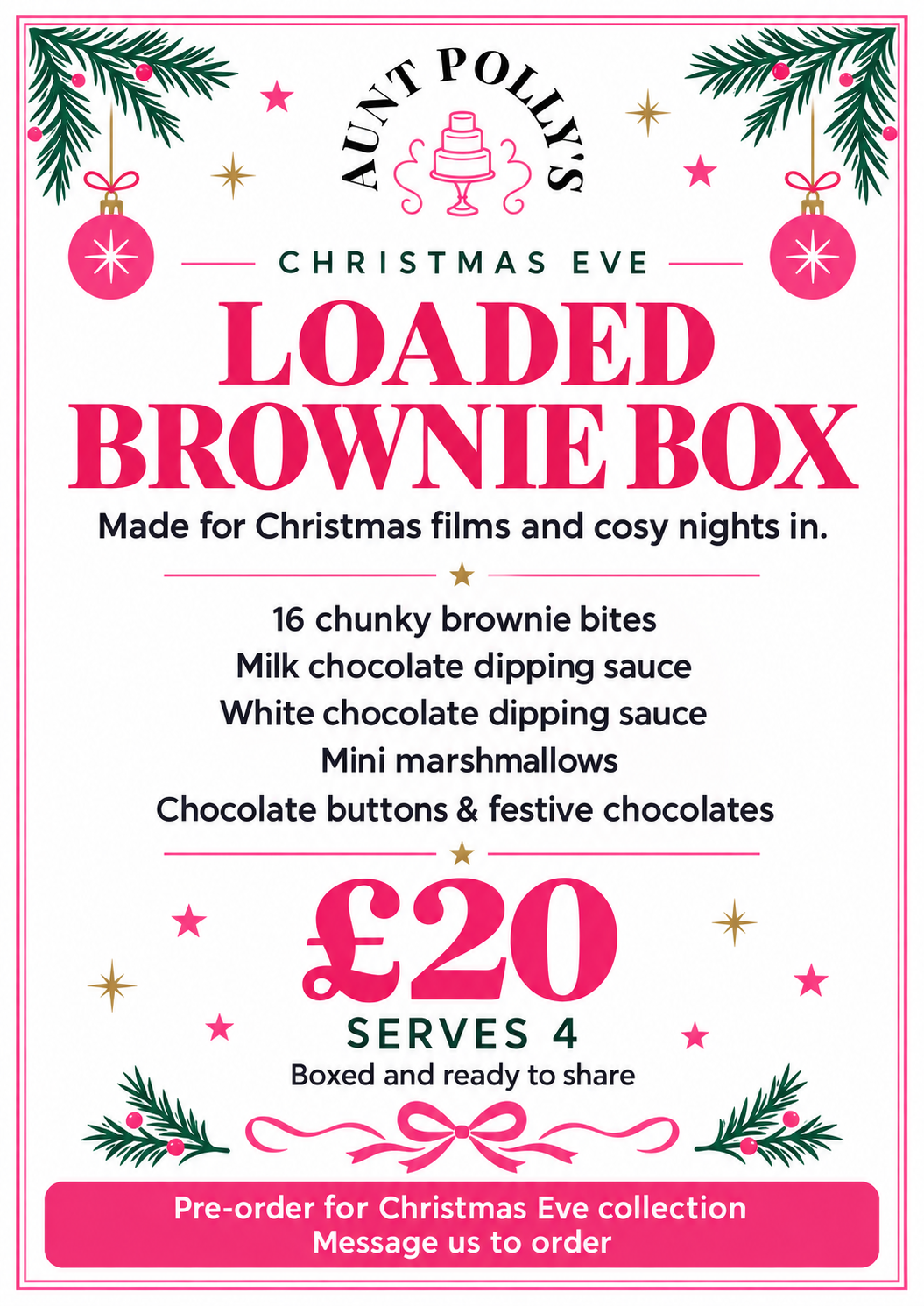 Aunt Polly’s Loaded Christmas Eve Brownie Box menu poster, £20, serves four, including 16 brownie bites
