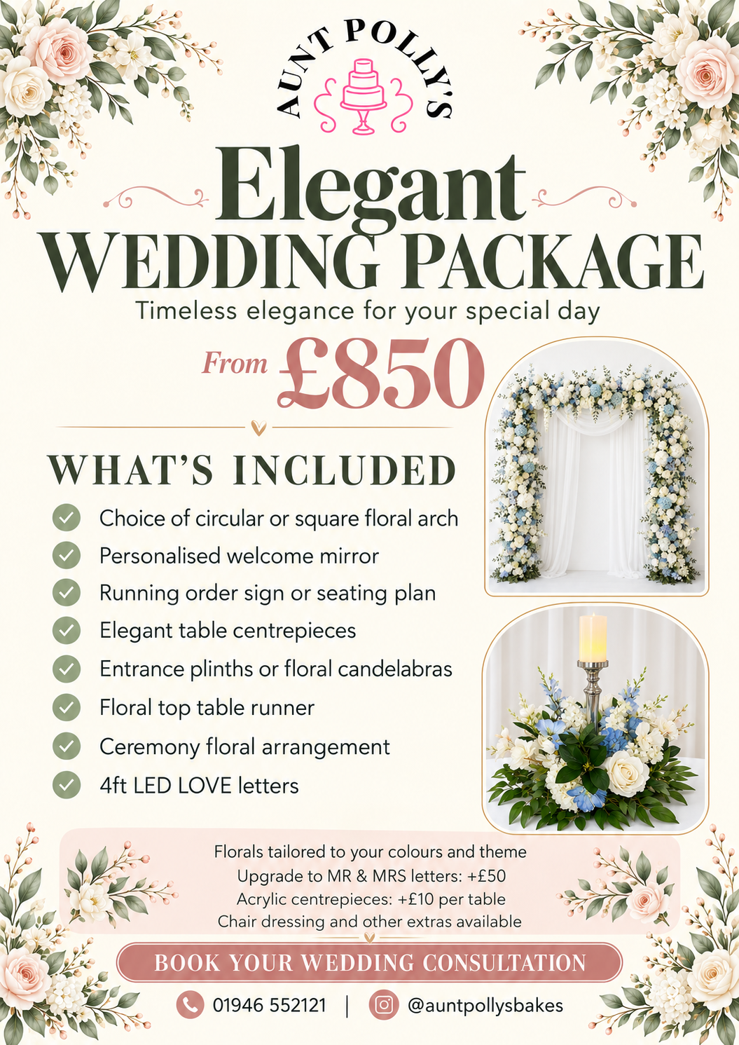 Aunt Polly’s Elegant wedding package poster, from £850. Full package contents are listed below.