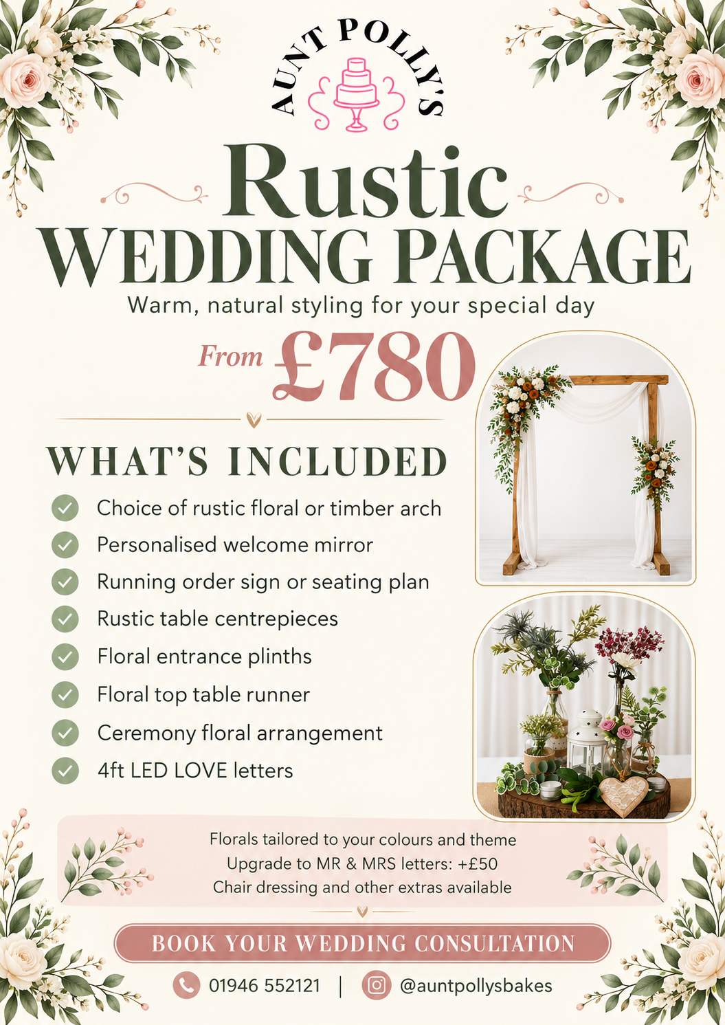 Aunt Polly’s Rustic wedding package poster, from £780. Full package contents are listed below.